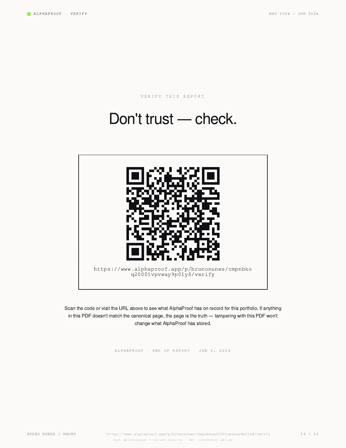 Alphaproof report verify page — don't trust, check: scan the QR code or visit the URL to see what Alphaproof has on record for this portfolio.